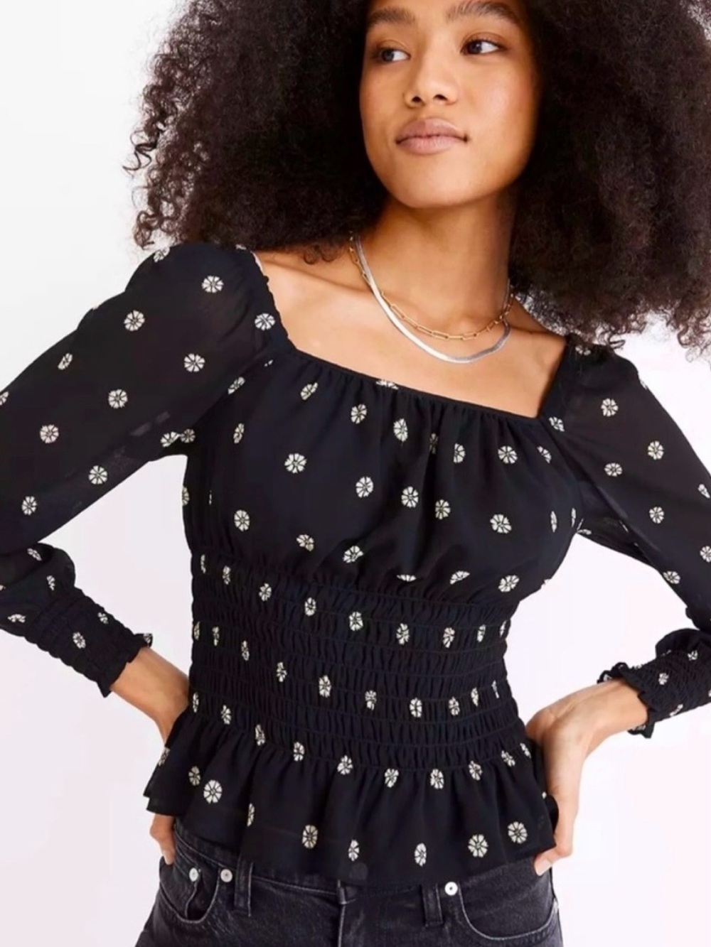 Madewell Black Floral Smocked Peplum Long-Sleeve Top